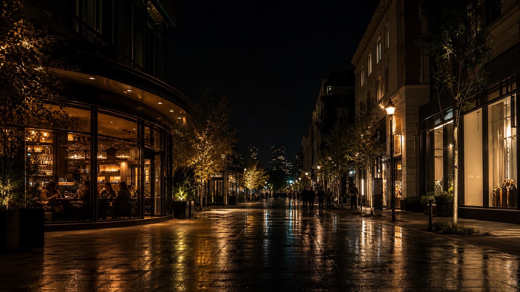 A premium city restaurant and retail street at night.